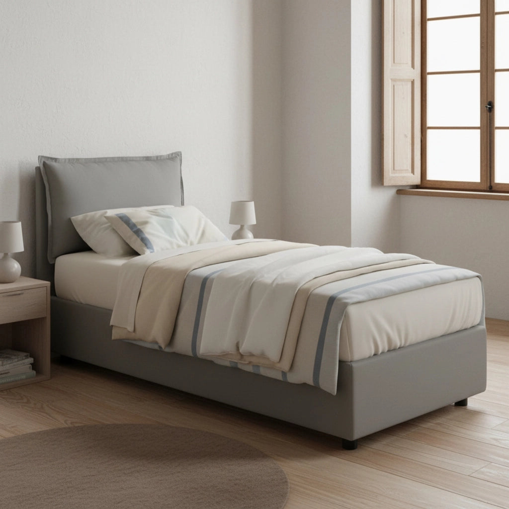 Letto singolo Alto, Letto contenitore con rivestimento in tessuto, Made in Italy, Apertura frontale, adatto per materasso cm 80x190, Grigio