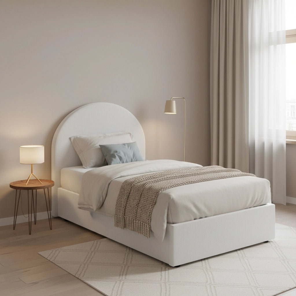 Letto singolo Amantea, Letto contenitore con rivestimento in tessuto, Made in Italy, Apertura frontale, adatto per materasso cm 80x190, Bianco