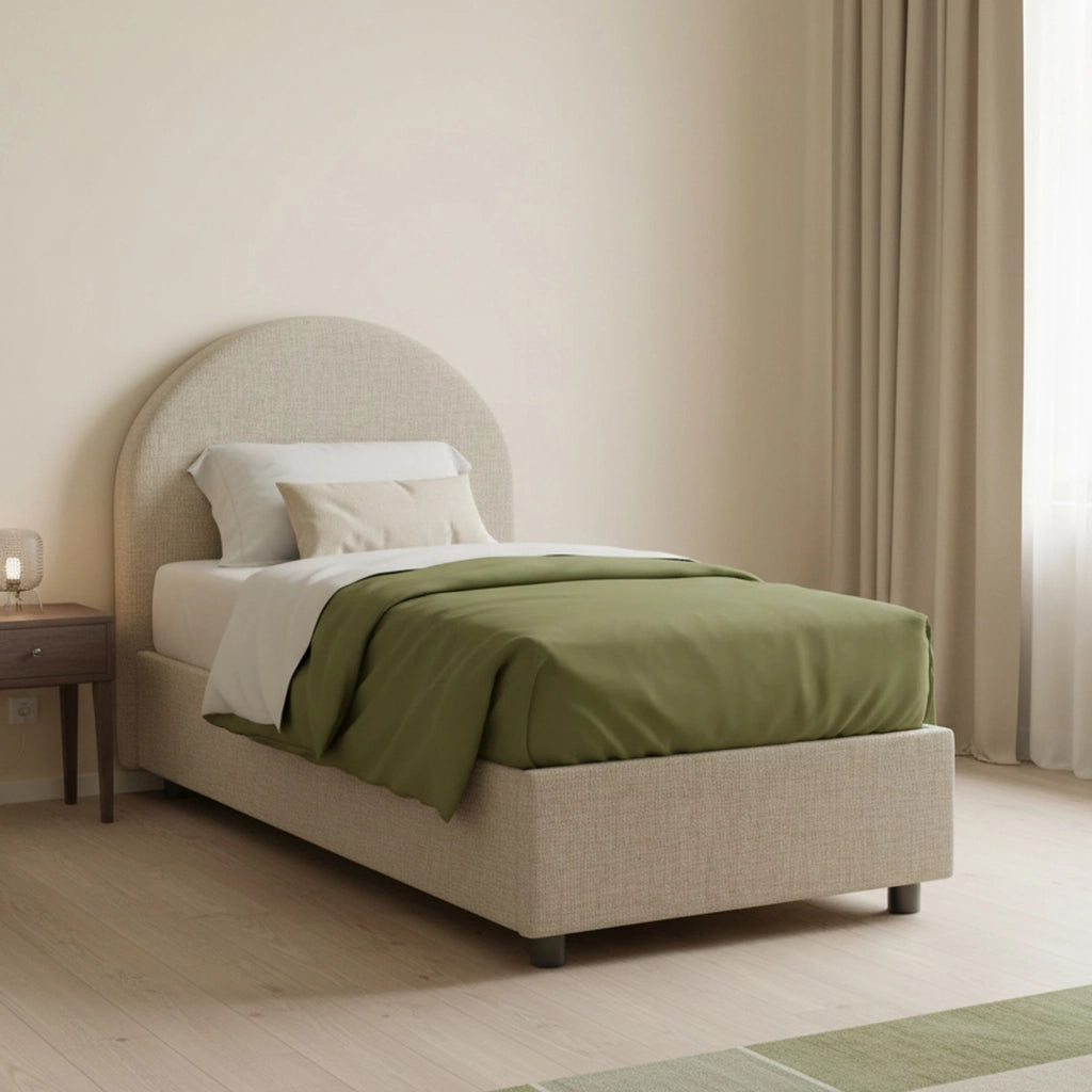 Letto singolo Amantea, Letto contenitore con rivestimento in tessuto, Made in Italy, Apertura frontale, adatto per materasso cm 80x190, Tortora