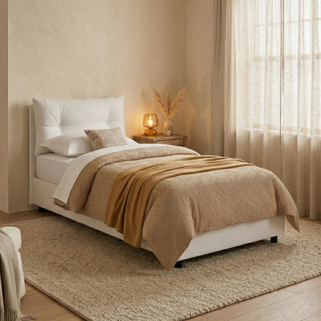 Letto singolo Amaro, Letto contenitore con rivestimento in tessuto, Made in Italy, Apertura frontale, adatto per materasso cm 80x190, Bianco