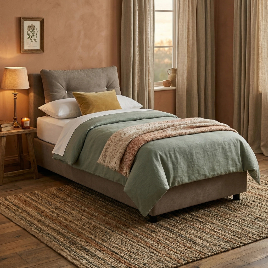 Letto singolo Amaro, Letto contenitore con rivestimento in tessuto, Made in Italy, Apertura frontale, adatto per materasso cm 80x190, Tortora