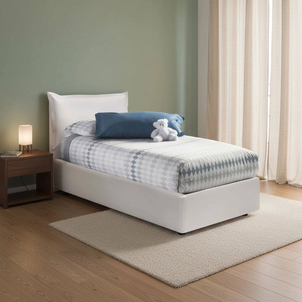 Letto singolo Anathema, Letto contenitore con rivestimento in ecopelle, Made in Italy, Apertura laterale, adatto per materasso cm 80x190, Bianco