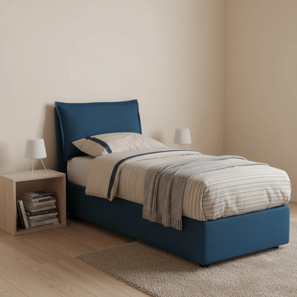 Letto singolo Ancara, Letto contenitore con rivestimento in tessuto, Made in Italy, Apertura frontale, con materasso cm 80x200 incluso, Blu