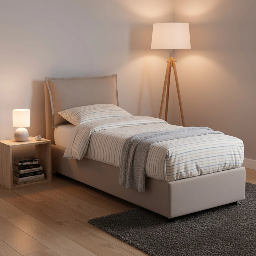 Letto singolo Ancara, Letto contenitore con rivestimento in tessuto, Made in Italy, Apertura frontale, con materasso cm 80x200 incluso, Tortora