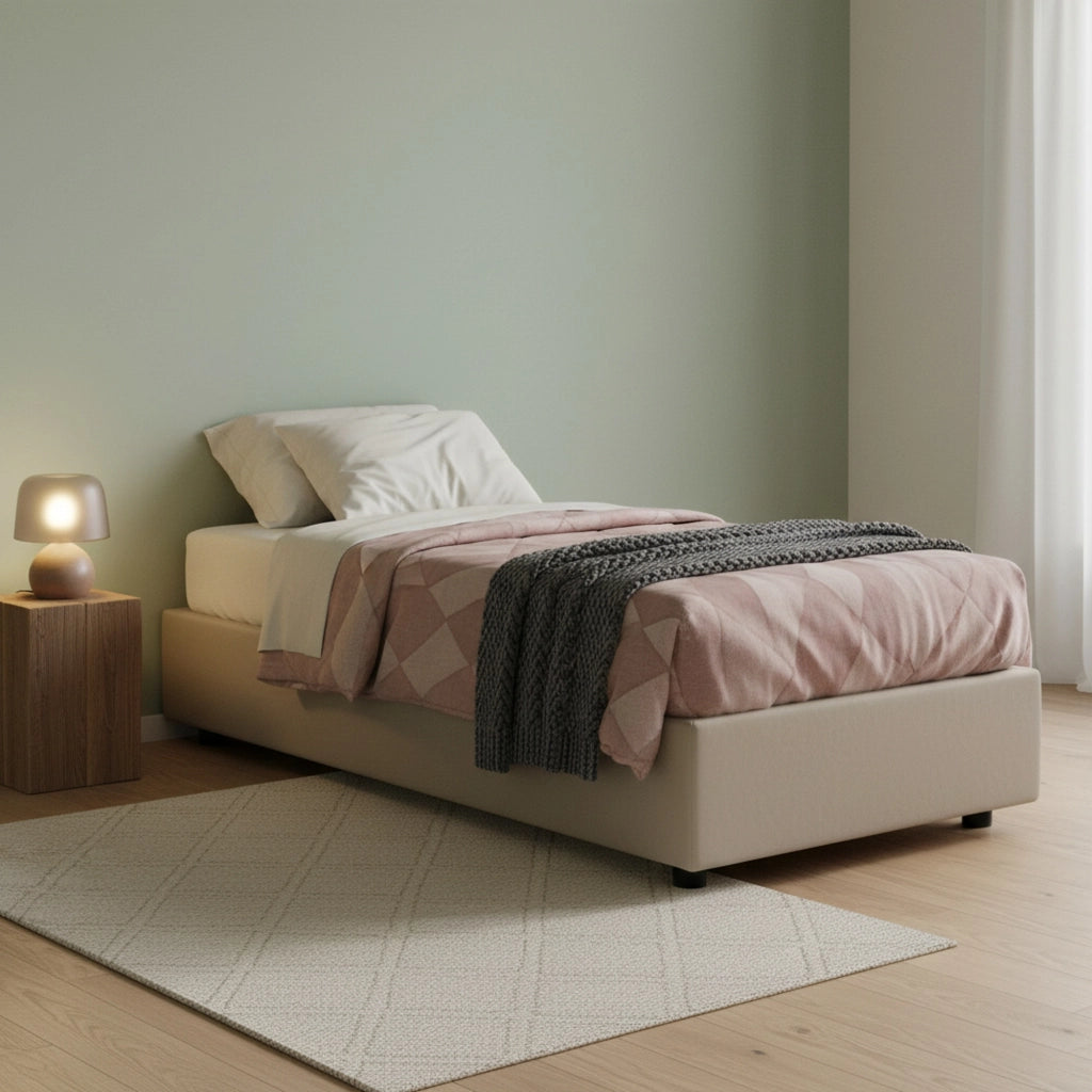 Letto singolo Andros, Letto contenitore con rivestimento in ecopelle, Made in Italy, Apertura laterale, adatto per materasso cm 80x190, Tortora