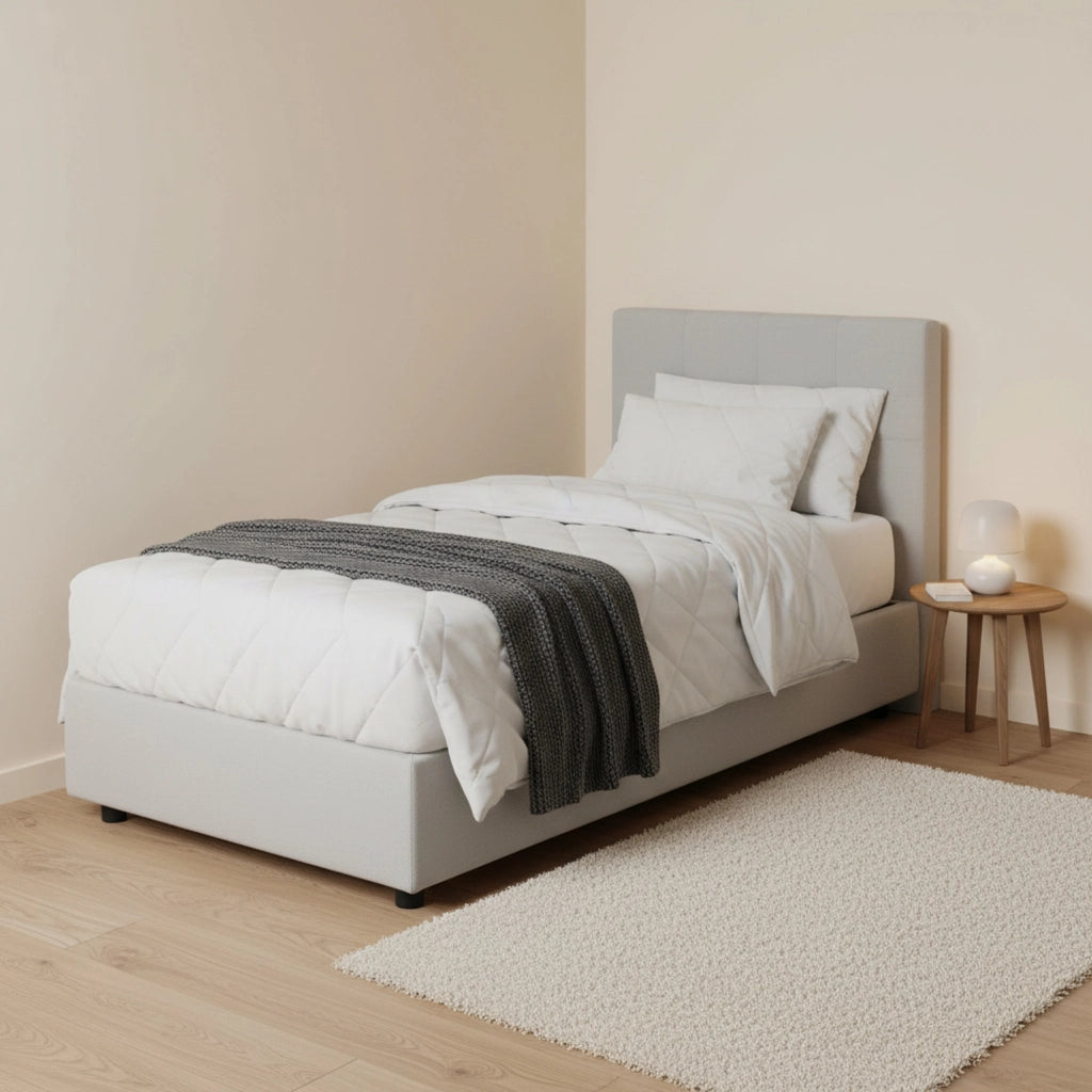 Letto singolo Angelina, Letto contenitore con rivestimento in ecopelle, Made in Italy, Apertura frontale, adatto per materasso cm 90x190, Bianco
