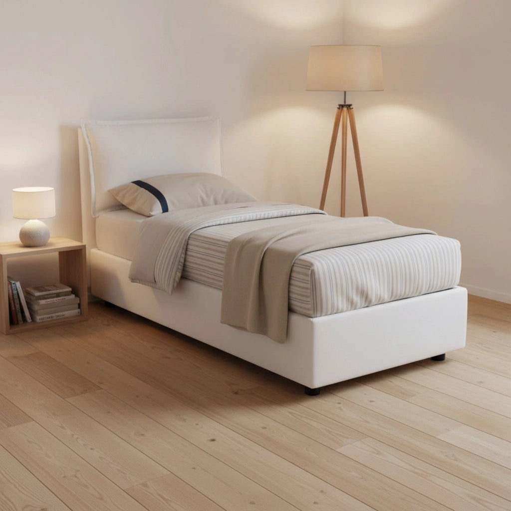 Letto singolo Animal, Letto contenitore con rivestimento in tessuto, Made in Italy, Apertura frontale, con materasso cm 90x190 incluso, Bianco