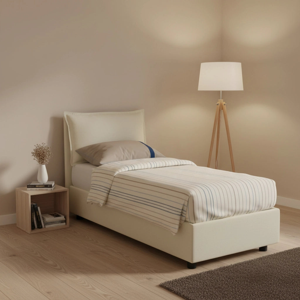 Letto singolo Animal, Letto contenitore con rivestimento in tessuto, Made in Italy, Apertura frontale, con materasso cm 90x190 incluso, Beige