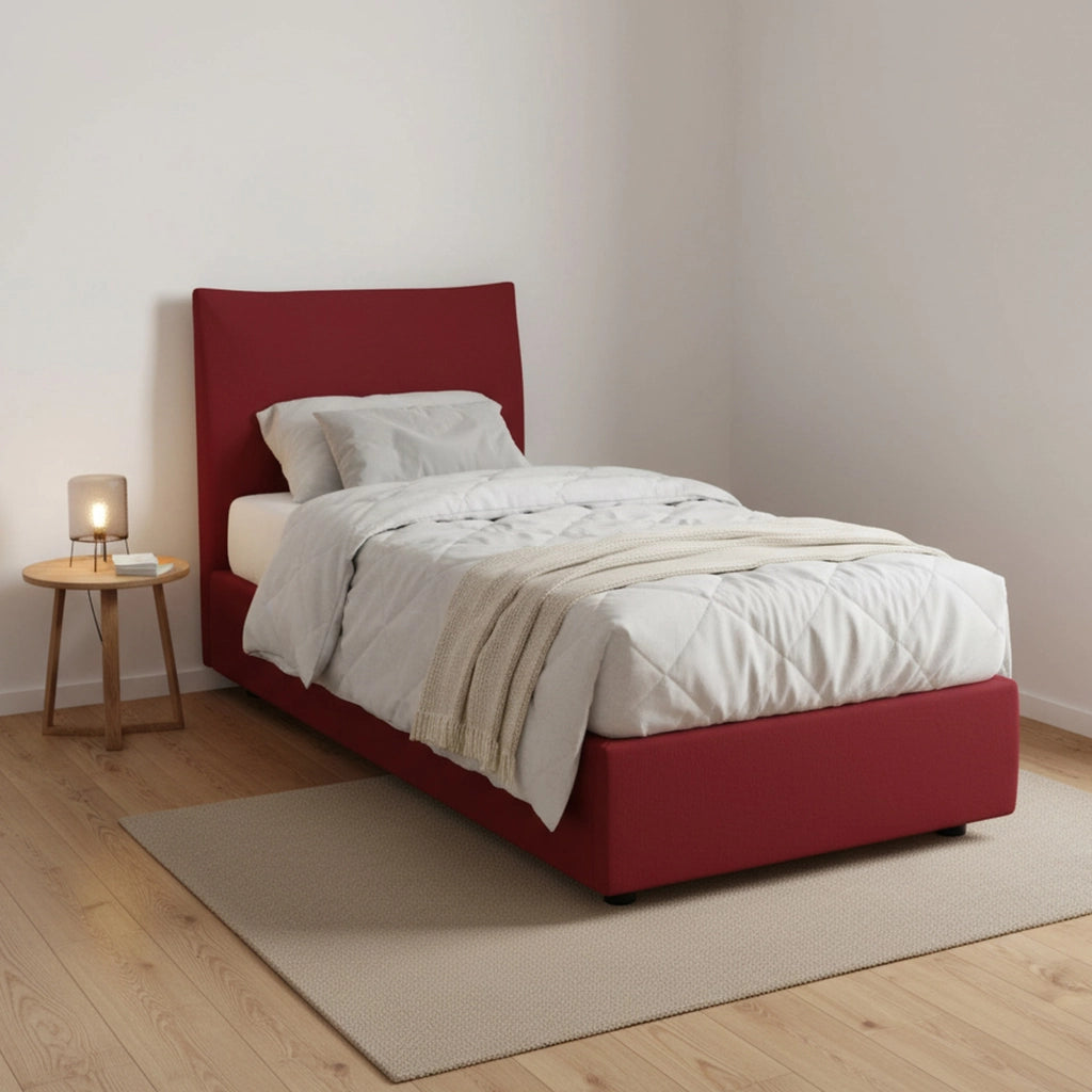 Letto singolo Animal, Letto contenitore con rivestimento in tessuto, Made in Italy, Apertura frontale, con materasso cm 90x190 incluso, Rosso