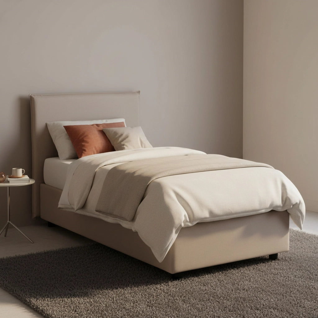 Letto singolo Aquilla, Letto contenitore con rivestimento in tessuto, Made in Italy, Apertura frontale, con materasso cm 80x190 incluso, Tortora