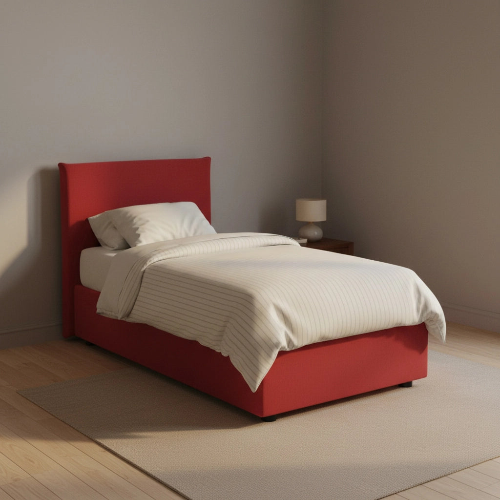 Letto singolo Aquilla, Letto contenitore con rivestimento in tessuto, Made in Italy, Apertura frontale, con materasso cm 80x190 incluso, Rosso