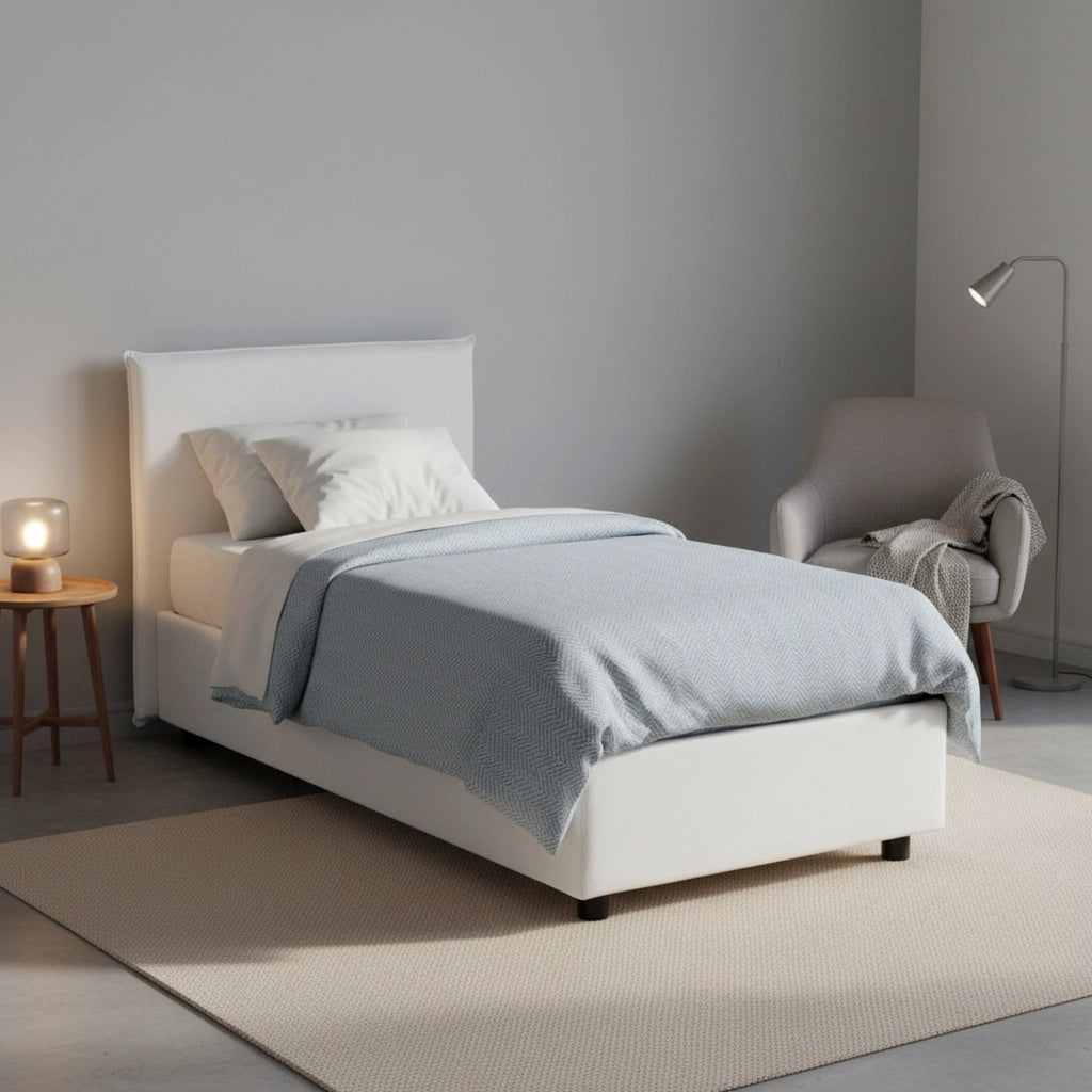 Letto singolo Aquilla, Letto contenitore con rivestimento in tessuto, Made in Italy, Apertura frontale, con materasso cm 80x190 incluso, Bianco