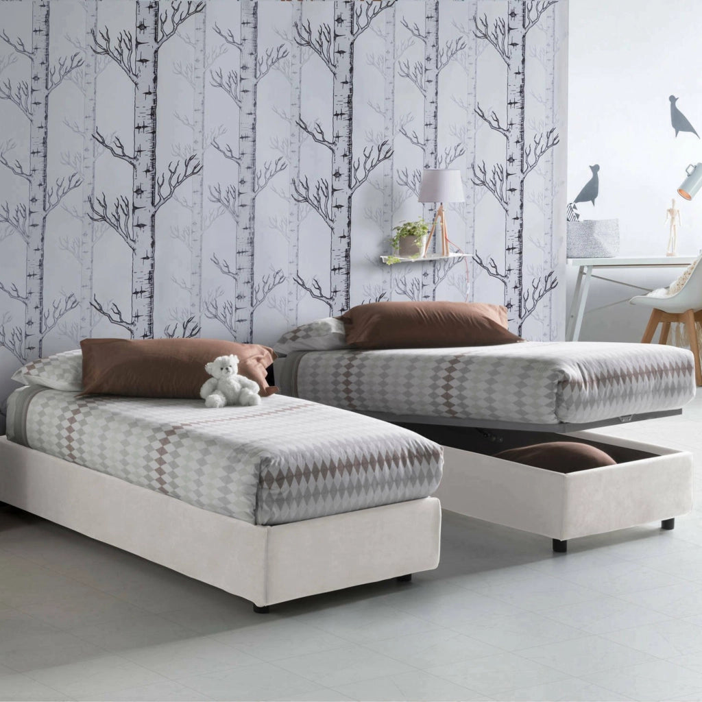 Letto singolo Aquolina, Letto contenitore con rivestimento in tessuto, Made in Italy, Apertura frontale, adatto per materasso cm 80x190, Bianco