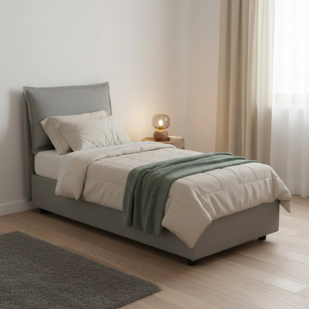 Letto singolo Aren, Letto contenitore con rivestimento in tessuto, Made in Italy, Apertura laterale, con materasso cm 80x190 incluso, Grigio Letto singolo Aren, Letto contenitore con rivestimento in tessuto, Made in Italy, Apertura laterale, con materasso cm 80x190 incluso, Grigio