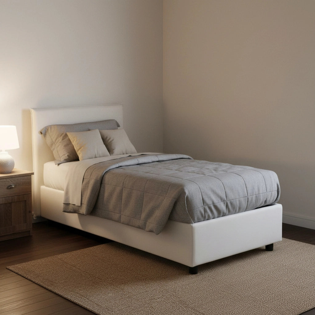 Letto singolo Argentino, Letto contenitore con rivestimento in tessuto, Made in Italy, Apertura frontale, adatto per materasso cm 80x190, Bianco
