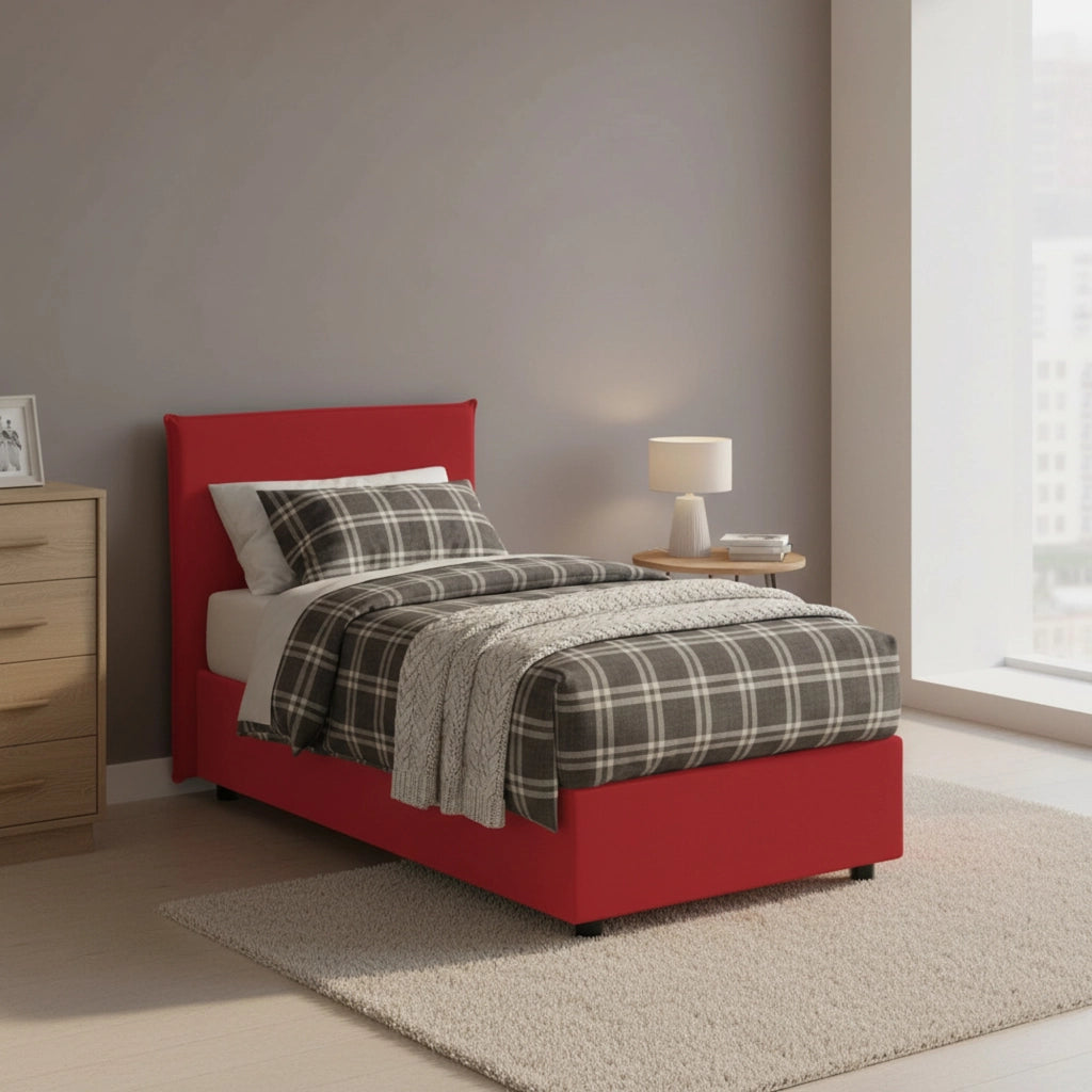 Letto singolo Argentino, Letto contenitore con rivestimento in tessuto, Made in Italy, Apertura frontale, adatto per materasso cm 80x190, Rosso