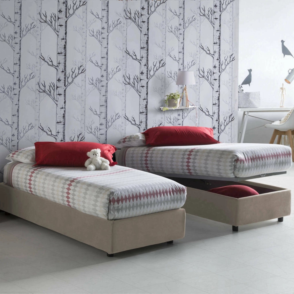 Letto singolo Aribal, Letto contenitore con rivestimento in tessuto, Made in Italy, Apertura frontale, con materasso cm 90x200 incluso, Tortora
