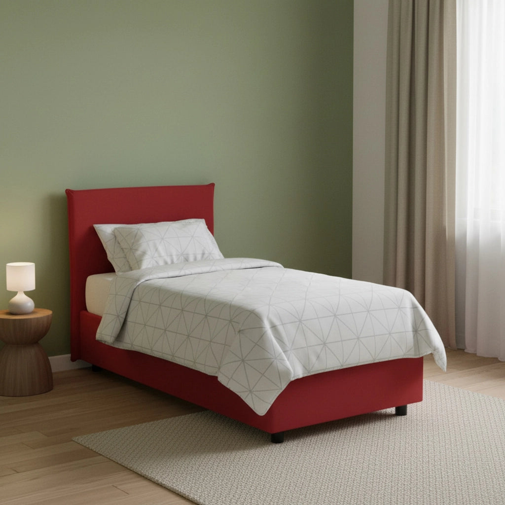 Letto singolo Arminius, Letto contenitore con rivestimento in tessuto, Made in Italy, Apertura frontale, con materasso cm 90x190 incluso, Rosso