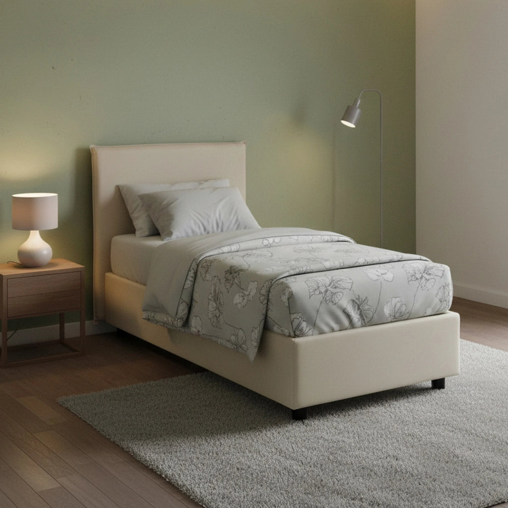 Letto singolo Arminius, Letto contenitore con rivestimento in tessuto, Made in Italy, Apertura frontale, con materasso cm 90x190 incluso, Beige
