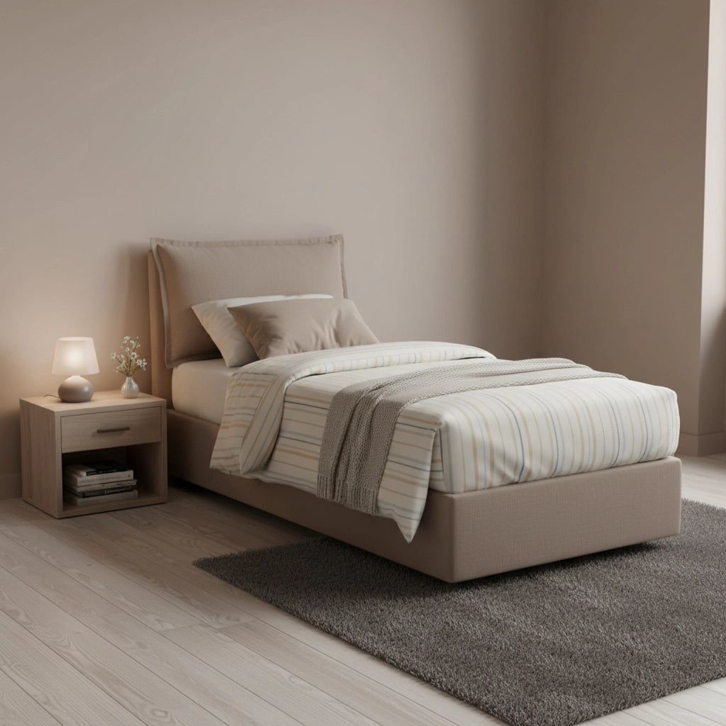 Letto singolo Arzon, Letto contenitore con rivestimento in tessuto, Made in Italy, Apertura frontale, con materasso cm 90x200 incluso, Tortora