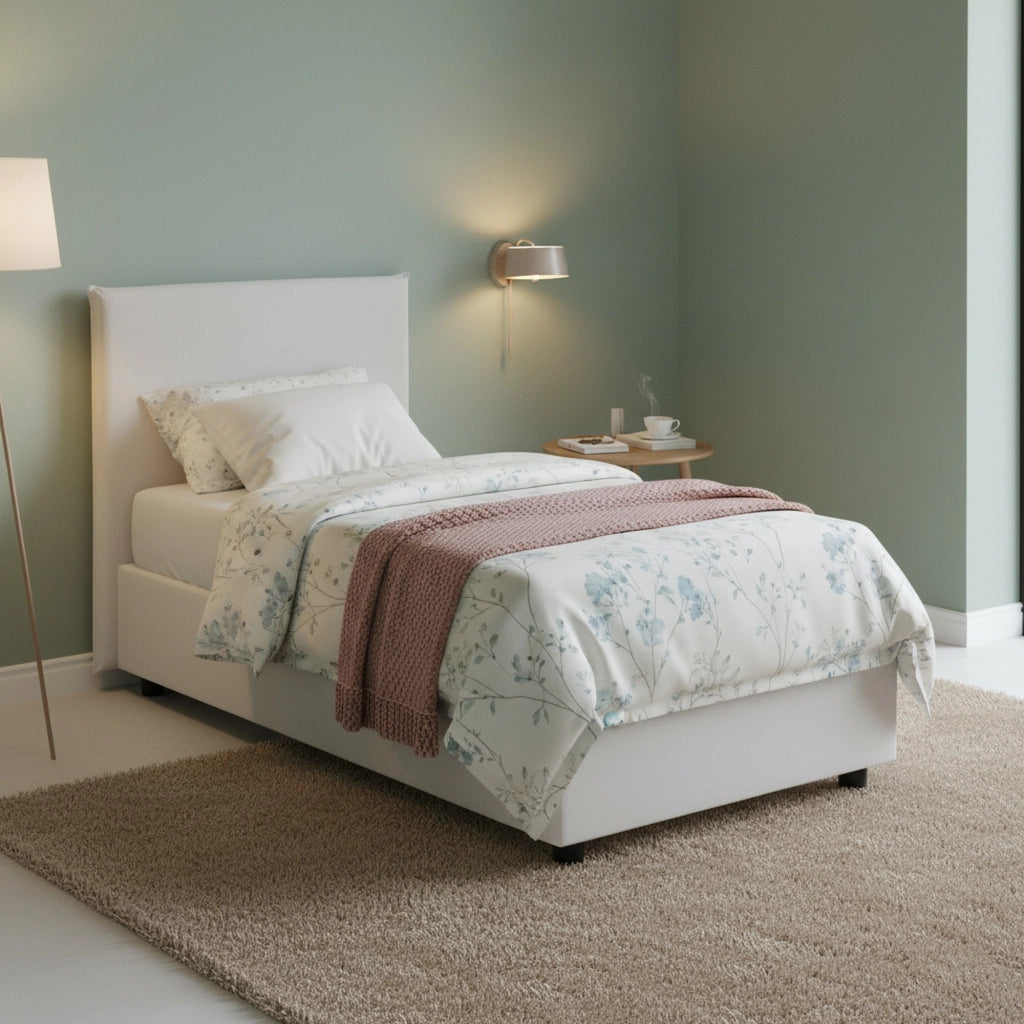 Letto singolo Asio, Letto contenitore con rivestimento in ecopelle, Made in Italy, Apertura frontale, adatto per materasso cm 80x190, Bianco