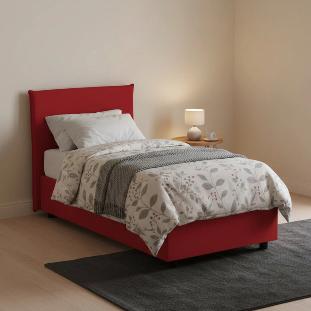 Letto singolo Astor, Letto contenitore con rivestimento in tessuto, Made in Italy, Apertura laterale, con materasso cm 80x190 incluso, Rosso