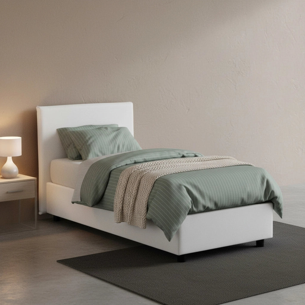 Letto singolo Astor, Letto contenitore con rivestimento in tessuto, Made in Italy, Apertura laterale, con materasso cm 80x190 incluso, Bianco