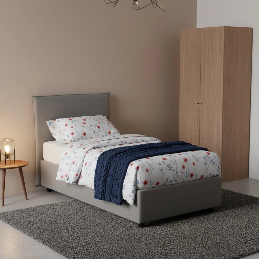 Letto singolo Astor, Letto contenitore con rivestimento in tessuto, Made in Italy, Apertura laterale, con materasso cm 80x190 incluso, Grigio