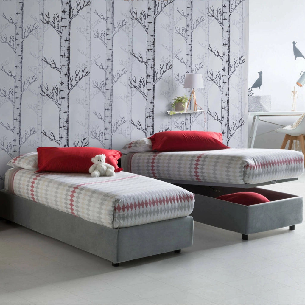 Letto singolo Ava, Letto contenitore con rivestimento in tessuto, Made in Italy, Apertura frontale, adatto per materasso cm 80x200, Grigio