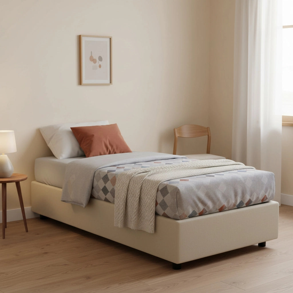 Letto singolo Avova, Letto contenitore con rivestimento in tessuto, Made in Italy, Apertura frontale, con materasso cm 80x200 incluso, Beige