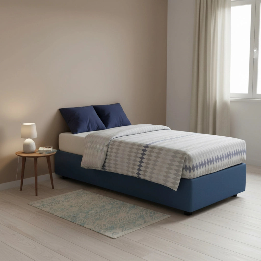 Letto singolo Avova, Letto contenitore con rivestimento in tessuto, Made in Italy, Apertura frontale, con materasso cm 80x200 incluso, Blu