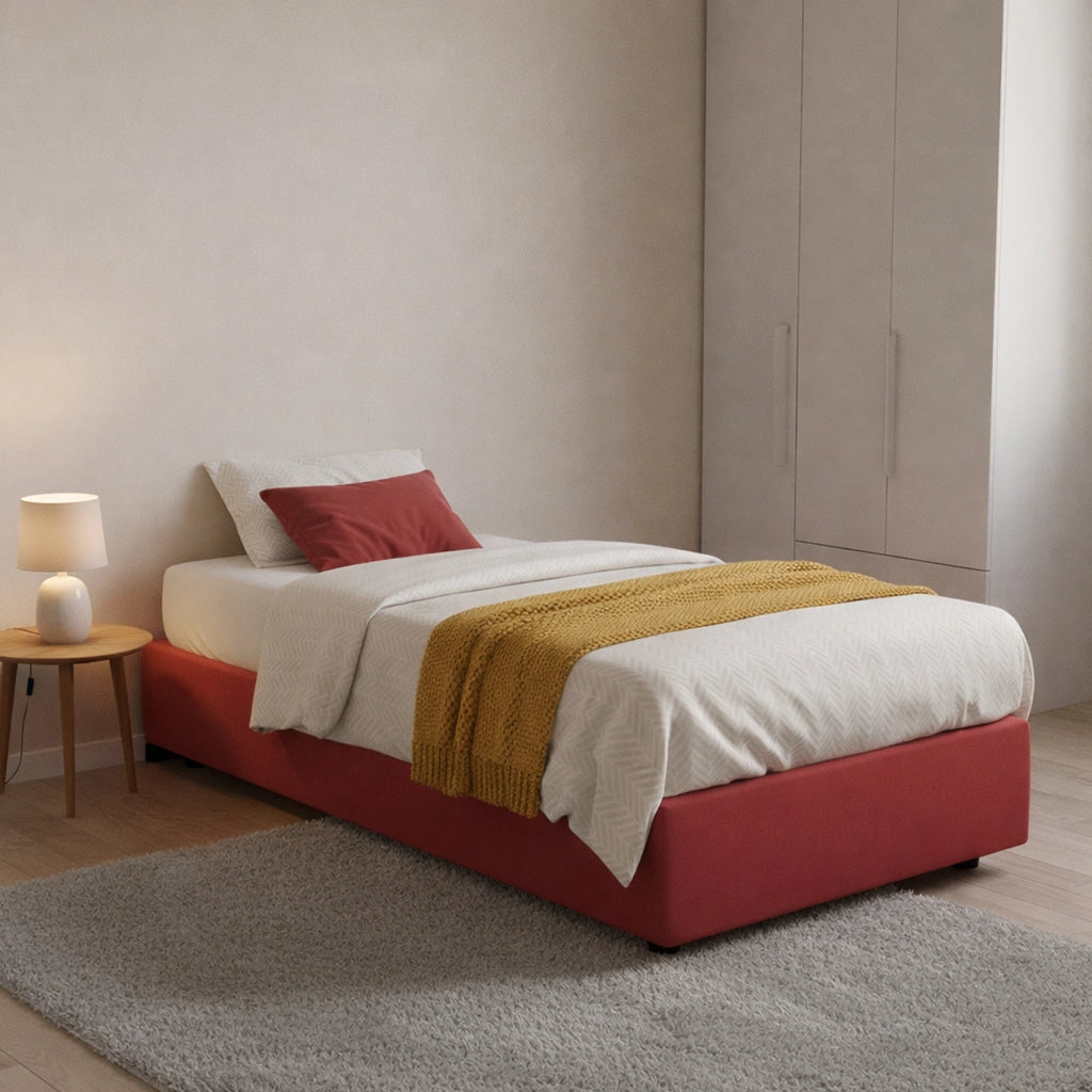 Letto singolo Avova, Letto contenitore con rivestimento in tessuto, Made in Italy, Apertura frontale, con materasso cm 80x200 incluso, Rosso