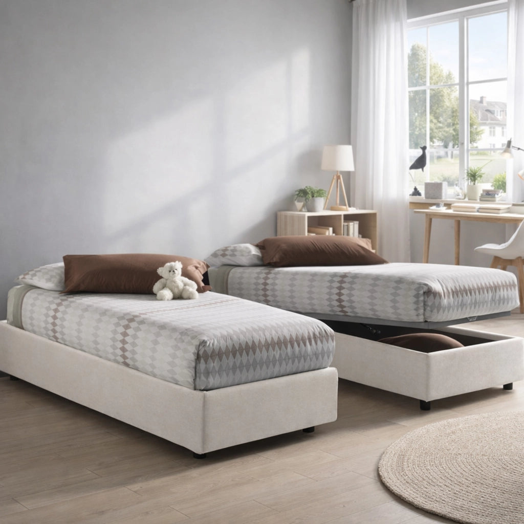 Letto singolo Avova, Letto contenitore con rivestimento in tessuto, Made in Italy, Apertura frontale, con materasso cm 80x200 incluso, Bianco