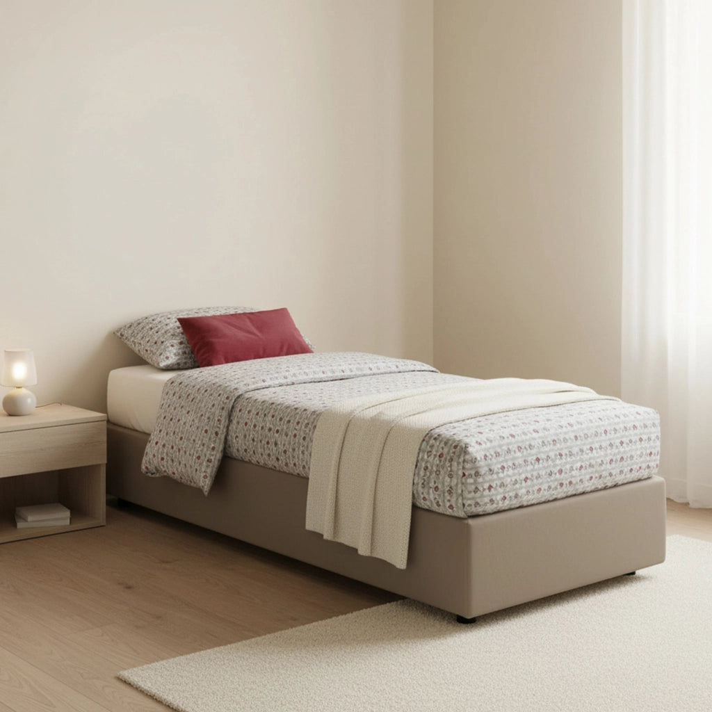 Letto singolo Ayla, Letto contenitore con rivestimento in ecopelle, Made in Italy, Apertura frontale, adatto per materasso cm 90x200, Tortora