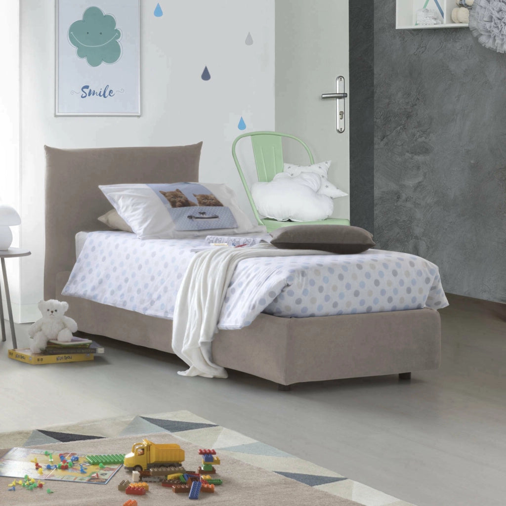 Letto singolo Azeglio, Letto contenitore con rivestimento in tessuto, 100% Made in Italy, Apertura frontale, con materasso Cm 80x190 incluso, Tortora