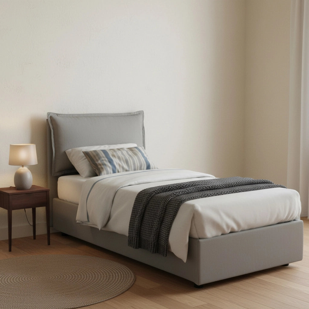 Letto singolo Azzurrino, Letto contenitore con rivestimento in tessuto, Made in Italy, Apertura frontale, adatto per materasso cm 80x200, Grigio