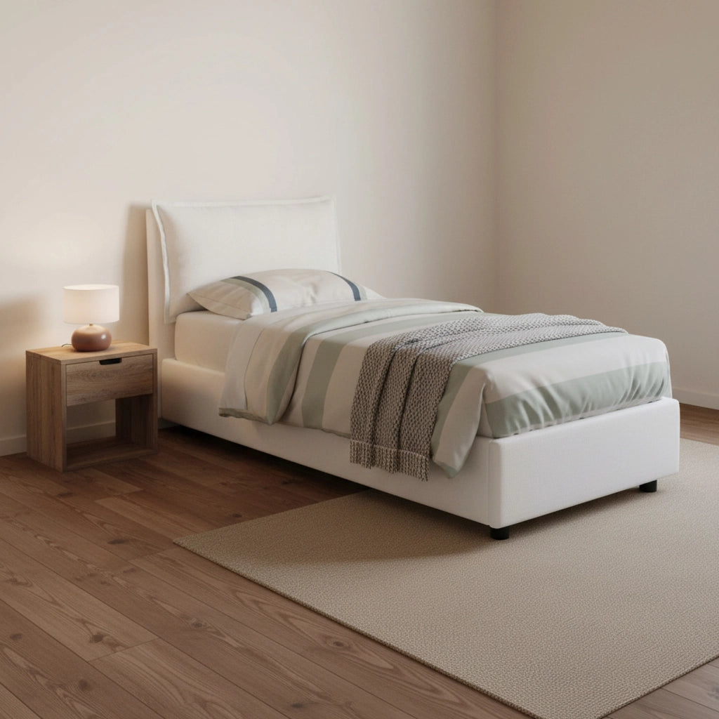 Letto singolo Azzurrino, Letto contenitore con rivestimento in tessuto, Made in Italy, Apertura frontale, adatto per materasso cm 80x200, Bianco