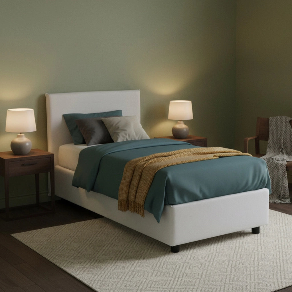 Letto singolo Boudicca, Letto contenitore con rivestimento in tessuto, Made in Italy, Apertura frontale, con materasso cm 80x200 incluso, Bianco