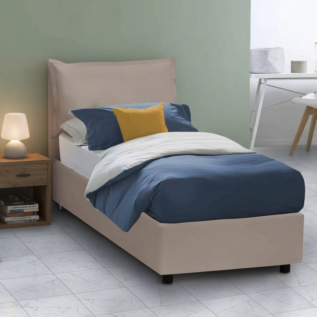 Letto singolo Delhi, Letto contenitore con rivestimento in ecopelle, Made in Italy, Apertura frontale, con materasso cm 80x200 incluso, Tortora