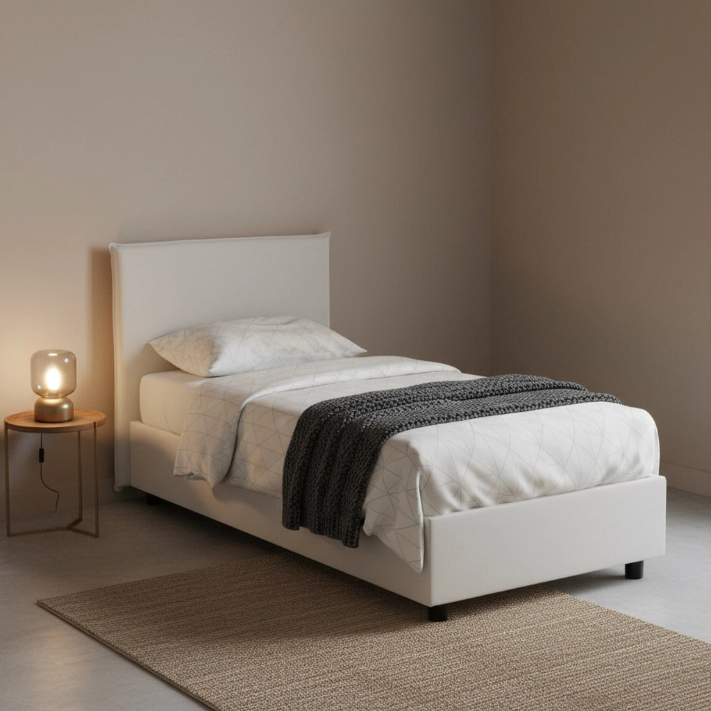 Letto singolo Grecale, Letto contenitore con rivestimento in ecopelle, Made in Italy, Apertura laterale, adatto per materasso cm 80x190, Bianco