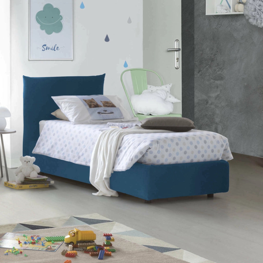 Letto singolo Ippolito, Letto contenitore con rivestimento in tessuto, Made in Italy, Apertura frontale, adatto per materasso cm 80x190, Blu
