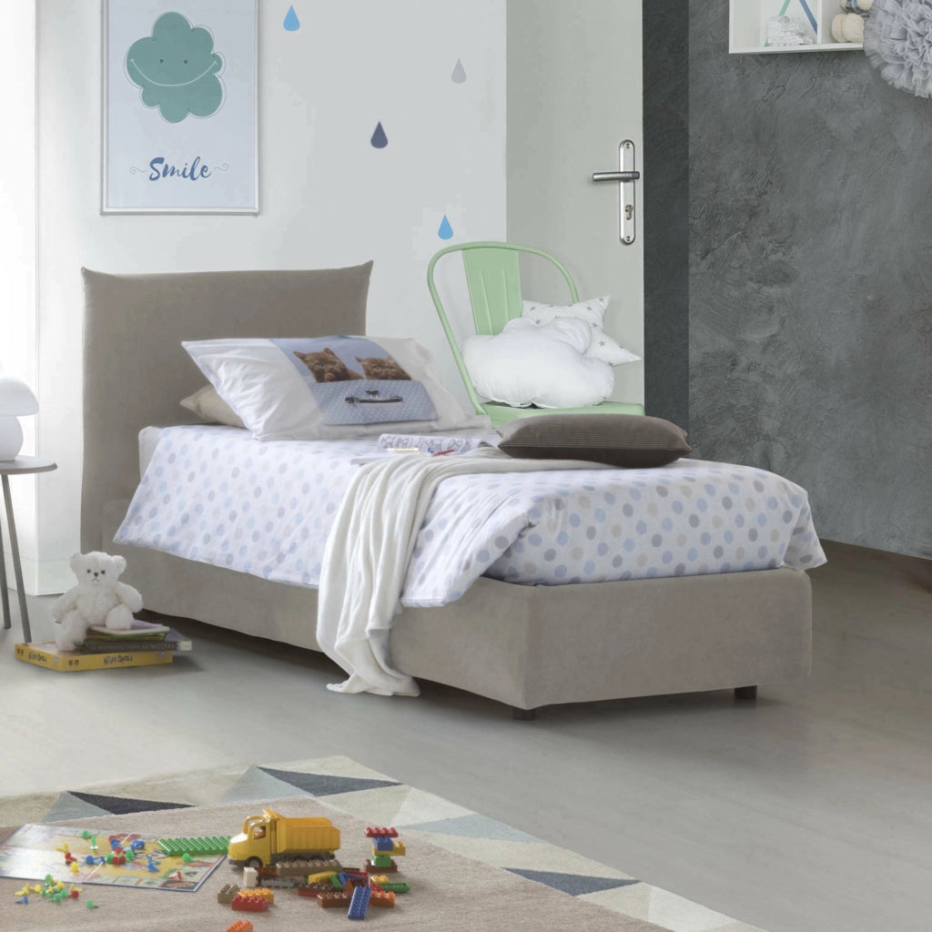 Letto singolo Ippolito, Letto contenitore con rivestimento in tessuto, Made in Italy, Apertura frontale, adatto per materasso cm 80x190, Beige