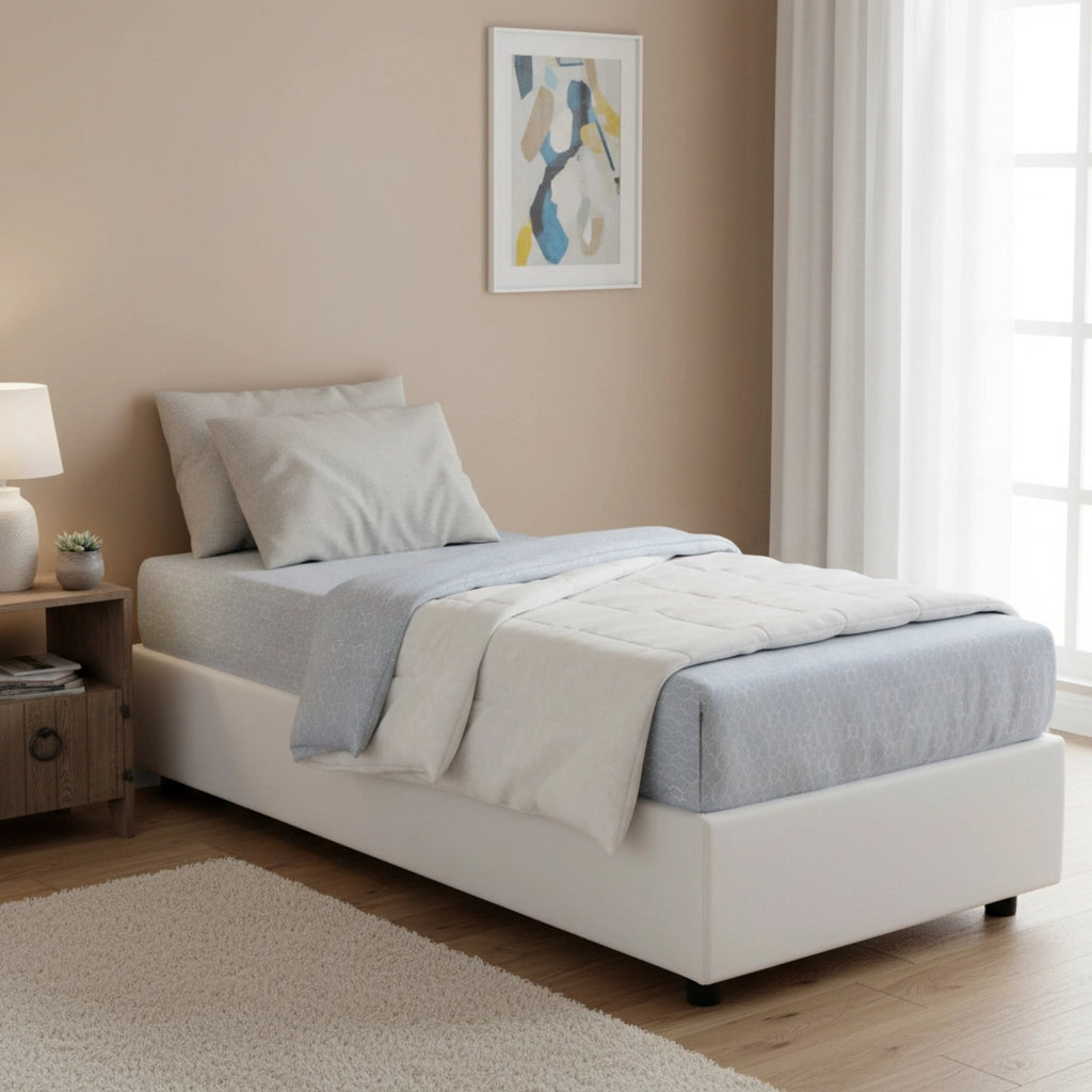 Letto singolo Nantine, Letto contenitore con rivestimento in ecopelle, Made in Italy, Apertura frontale, con materasso cm 90x190 incluso, Bianco