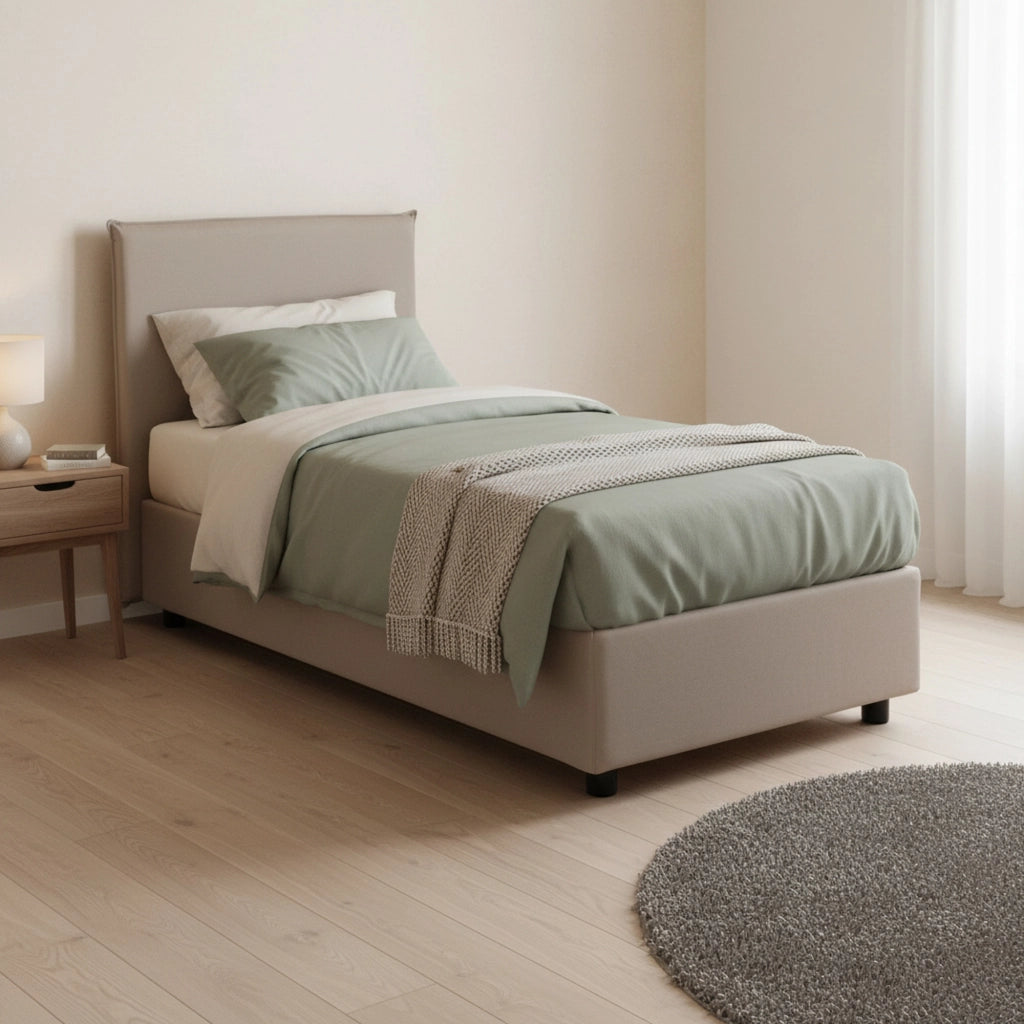 Letto singolo Shana, Letto contenitore con rivestimento in tessuto, Made in Italy, Apertura frontale, adatto per materasso cm 80x200, Tortora