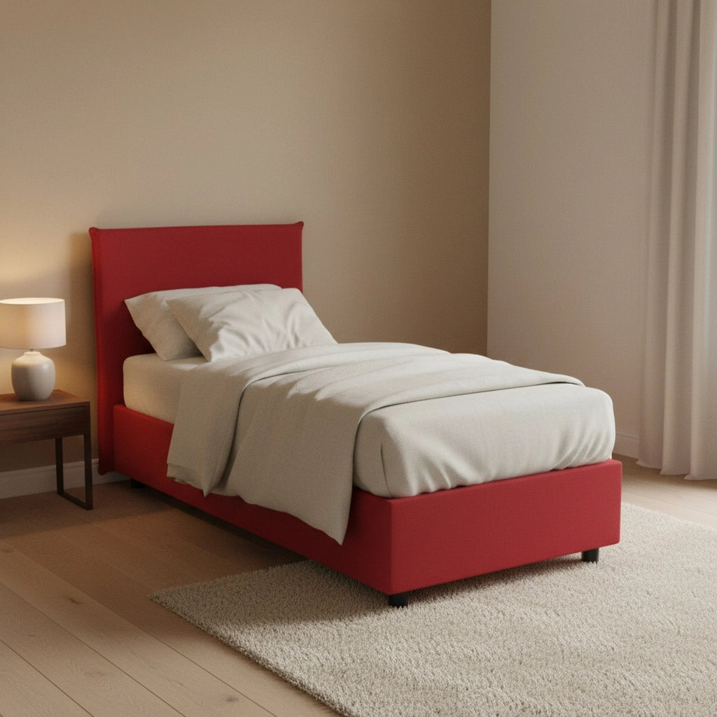 Letto singolo Shana, Letto contenitore con rivestimento in tessuto, Made in Italy, Apertura frontale, adatto per materasso cm 80x200, Rosso
