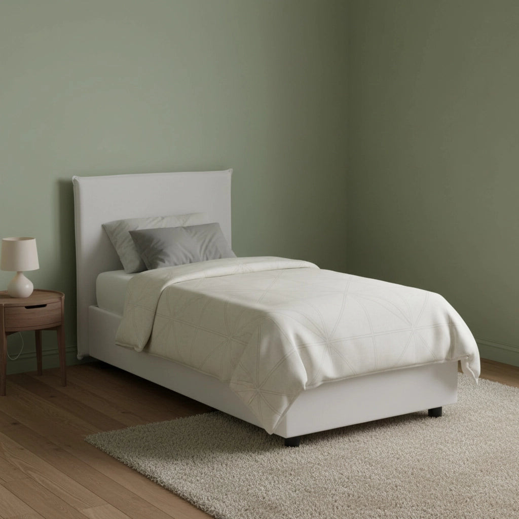 Letto singolo UmmHakim, Letto contenitore con rivestimento in ecopelle, Made in Italy, Apertura frontale, adatto per materasso cm 90x190, Bianco