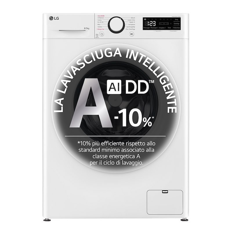 LG D2R3S08NSWW LAVASCIUGA, Caricamento frontale, capacità lavaggio 8 kg, asciugatura 5 12 programmi, Profondità 47,5 cm, Giri 1200 rpm, Bianca, Classe E