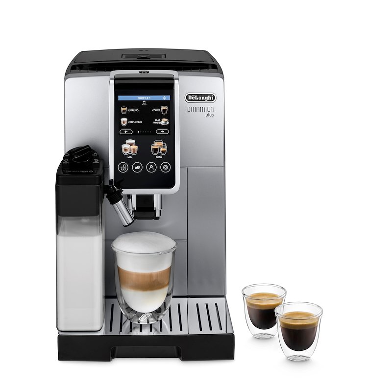 Macchina Automatica per Caffè DE'LONGHI Dinamica Plus ECAM380.85.SB, Caraffa Montalatte Automatica, 24 bevande dirette, Display Touch, 15 bar, 1450 W, Argento/Nero