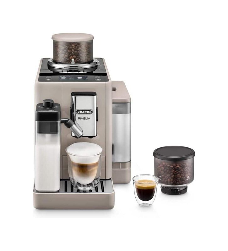 Macchina Automatica per Caffè DE'LONGHI Rivelia EXAM440.55.BG, Caraffa Montalatte Automatica, 2 portachicchi intercambiabili, 16 bevande dirette, Display Touch, 19 bar, 1450 W, Beige