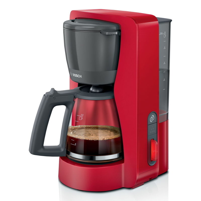 Macchina caffè americano BOSCH TKA3M134, 1200 W, Capacità fino a 10 Tazze, Filtro Removibile, Caraffa in Vetro, Sistema Antigoccia, Serbatoio Rimovibile, Facile Decalcificazione, Rosso